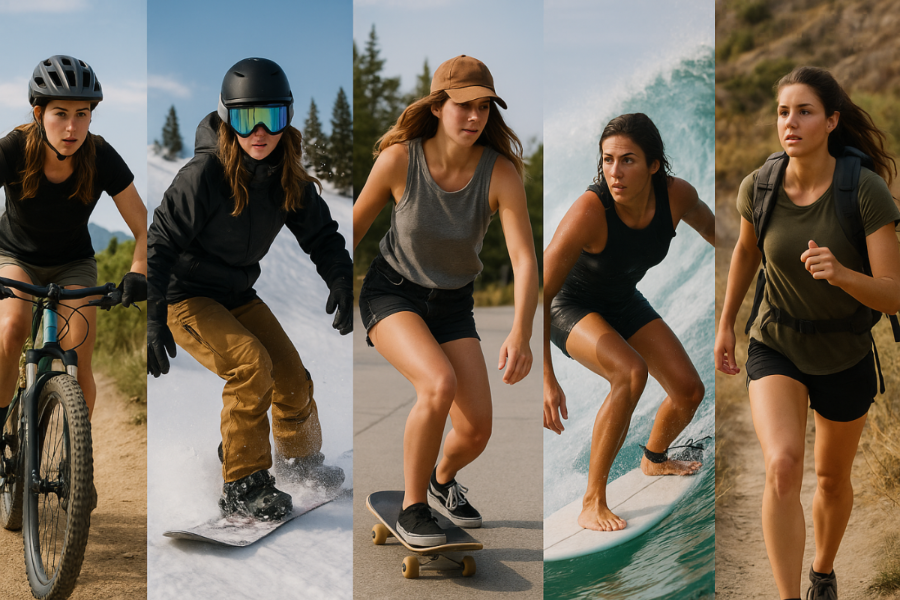 Collage of a woman engaging in various outdoor activities including cycling, snowboarding, skateboarding, surfing, and running.